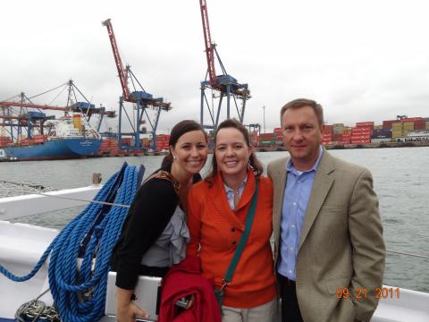 Left, Lindsay Moody, Vanguard Logistics, center,  Rebecca Lehlbach, Dell, and right, Paul Funari, UPS - picture taken at  the Port of Santos, Santos, Brazil