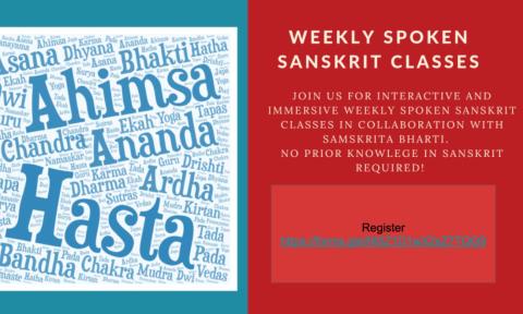 Flyer and registration link (https://forms.gle/Nt5Z1D1wX2sZ7TQG9) for Weekly Spoken Sanskrit Classes.