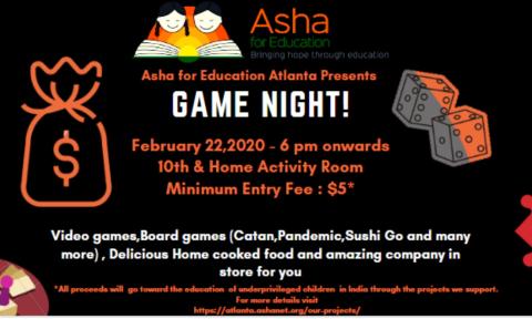 Flyer for Asha for Education's Spring 2020 game night on Feb. 22, 2020.