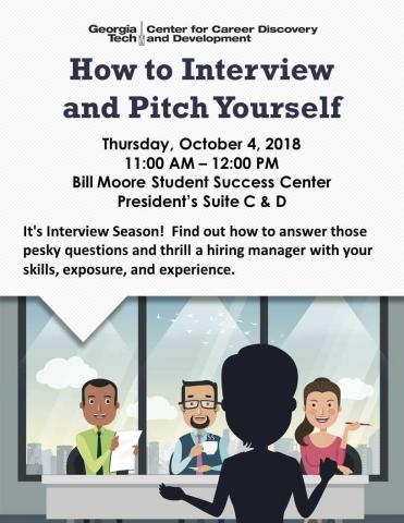 advertisement for interview workshop with a person standing in front of a hiring board