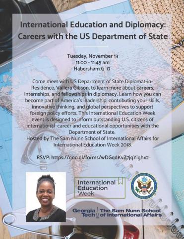 Information for a career talk with US State Department diplomat-in-resident Valeria Gibson.