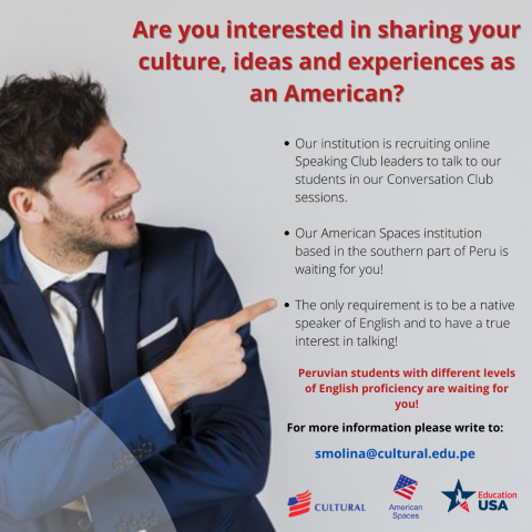 A man in a suit pointing at an ad recruiting American students to help Peruvian students practice English.
