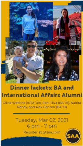 Photos of four GT Alumni who will be sharing their stories at SAA's Dinner Jackets on March 2, 2021.