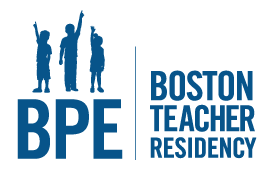 Outline of three children over the letters "BPE" and the words Boston Teacher Residency