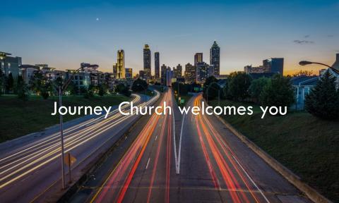 Atlanta skyline with the words "Journey Church welcomes you" across it.