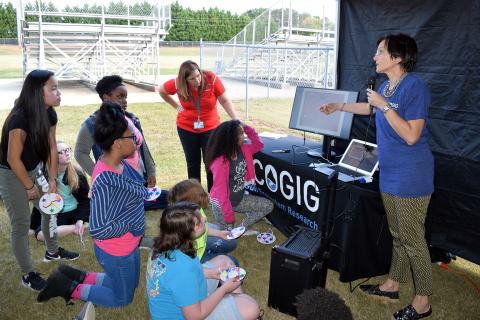 Professor Annalisa Bracco - Georgia Tech, Earth and Atmospherics explains the danagerious effects of plastics on the ecosystem in the ocean at Cowan Road Middle school.