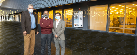 photograph of Oliver Brand, Madhavan Swaminathan, Shimeng Yu at Marcus Nanotechnology Building
