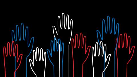 red and blue hands raised