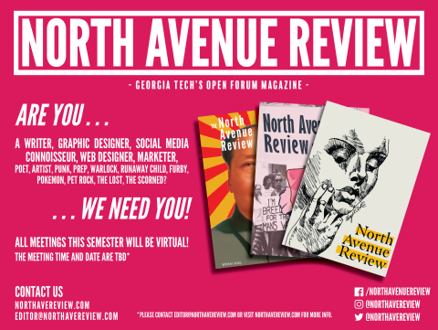 Recruitment flyer for the North Avenue Review with three previous covers.