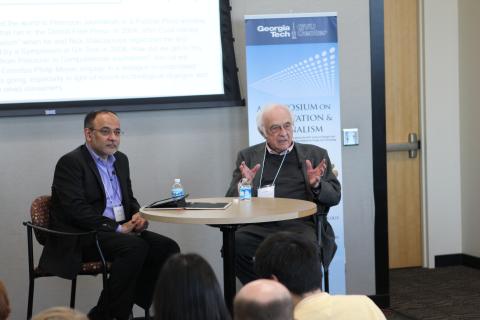 Irfan Essa and Phil Meyer lead the opening session at the Computation + Journalism Symposium.