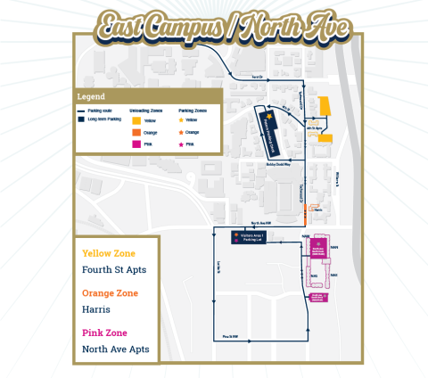Map depicting the route and unloading zones for East Campus and North Avenue move-in.
