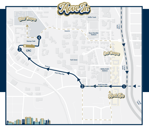 Map depicting the route to check in and unload on East and West Campus for move-in.