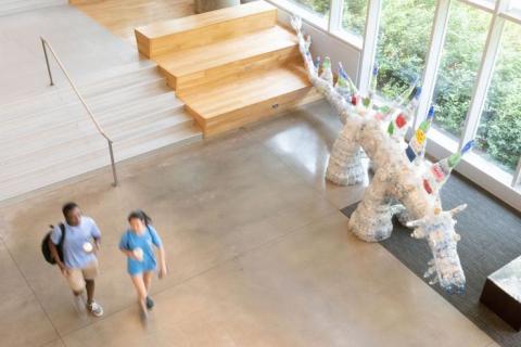 The Recyclosaurus is made of recycled plastic bottles by Turkish artist Baris Karayazgan, who created the dinosaur as part of an art therapy project with the Art Reach Foundation and the Clarkston Community Center. 