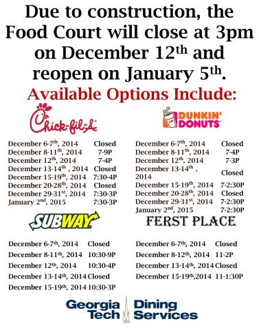 Food Court Scheduled to be Closed for Construction