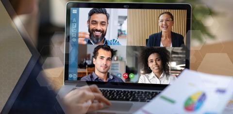 emote workers meet virtually through a video conference application.