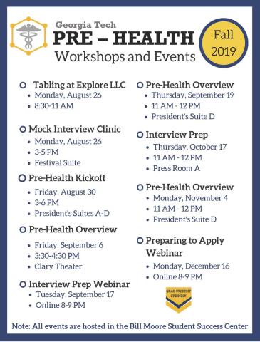 List of events being held by the pre-health program.