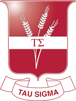 red badge with wheat behind a band with the greek letters tau and sigma. underneath is a banner reading tau sigma.