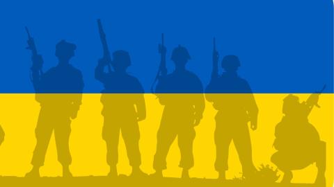 Flag of Ukraine with images of soldiers superimposed over it