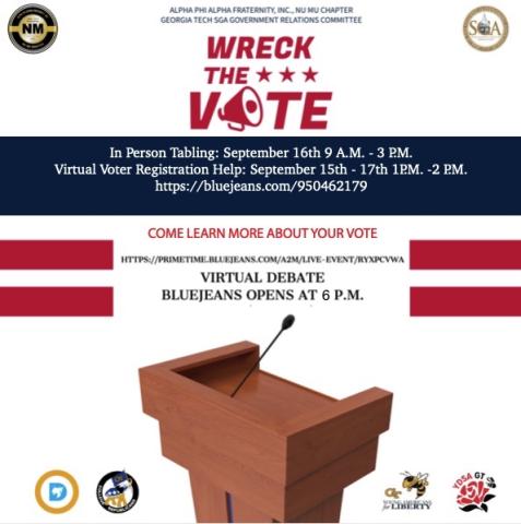 Flyer for SGA and Alpha Phi Alpha's virtual Wreck the Vote, hosted from Sept. 15-17, 2020.