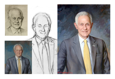 Collage of sketches and final portrait of Georgia Tech's Zvi Galil
