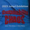 A rippled blue background with the exhibit title in bold red type across the center 