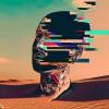 A glitched photo of an AI head in the desert.
