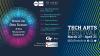 Dots and lines in pink and blue create a transparent circle, framed by angled pinstripes in blue and gold TECH ARTS FESTIVAL March 27-April 21.