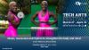 A Black woman with close cropped white curly hair wearing neon pink workout gear, standing behind a tennis net, her hands on her hips as she faces the camera with a smile. The image is framed by angled pinstripes in blue and gold TECH ART FESTIVAL March 27-April 21 