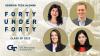 The headshots of Saira Draper, Stuart Michelson, Laura E. Powell, and Hira Batool Rizvi are placed in circle frames over a photo over Tech Tower with a gold overlay. The text reads "Georgia Tech Alumni 40 Under 20 Class of 2023" with the Georgia Tech Ivan Allen College of Liberal Arts logo.