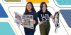 two women standing side by side. one holds a newspaper, the other holds a coiled audio cable.