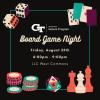 A graphic promoting the Honors Program Board Game Night on August 25th from 6pm to 9pm. The image shows various games like chess, poker chips and a deck of cards. 