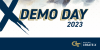 Demo Day Banner of blue and gold with paintbrush X