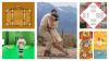 Collage of six artworks including an illustrations of a suitcase and colorful birds, and photographs of a women standing in front of green screen, man and woman in embrace, and origami paper.