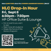 A flyer promoting the Honors Leadership Council drop-in event on September 8th at 6:30pm. The flyer has a green background and an illustration of a hand with a megaphone.