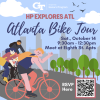 A flyer for a bike tour hosted by the Honors Program on October 14th. The graphic shows illustrations of bikers traveling in front of the Atlanta skyline, and a QR code to the event RSVP form.