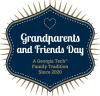 a navy blue shield with a gold and white border and gold rays pointing outwards from the entire perimeter, with the words Grandparents and Friends Day a Georgia Tech Family Tradition