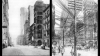 Left: a historical photo of a city without any telephone poles and wires. Right: the same image but with lots of wires and polls juxtaposed on top of it.