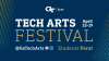 Navy graphic with white and gold text reading Tech Arts Festival April 15-19 Students Ferst with GT Arts logo and social media handles