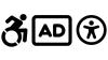 accessibility icons from left to right: wheelchair, audio, and universal