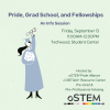 A drawing of someone with long hari holding a bouquet of flowers in their right arm and a diploma rolled up in their left hand raised above their head.   oSTEM logo with multiple colors