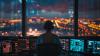 an air traffic controller overlooking runways while sitting, at night, in a control tower. 