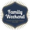 A blue shield with gold rays extending all around it promoting Family Weekend