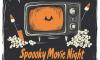 Spooky movie night flyer; television with popcorn