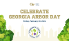 gold text reading celebrate georgia arbor day with illustrated green trees and pale yellow skyline in background