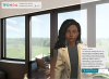 A virtual advisor stands in a modern office with large windows overlooking a green landscape. A dialogue box shows the advisor asking for reflections on a project’s progress, with interface buttons for talking and ending the conversation.