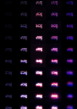 Grid of glowing micro-scale patterns displayed in varying brightness and sharpness against a dark background. The repeated shapes appear in columns, showing differences in focus or intensity across the images.