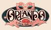 Promotional logo for the play Orlando by Sarah Ruhl, adapted from the novel by Virginia Woolf. The stylized title is set against a dark oval background with a pink masquerade mask at the top and a pink banner below.