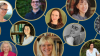 graphic with headshots of Ph.D. students in gold circles on a blue background