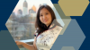Jancy's headshot posing in front of the Atlanta skyline on a graphic with gold hexagons and a navy blue background
