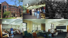 A collage of six images of the D.M. Smith building. The first is of the exterior, and the others are interior shots of offices and students in lecture halls.